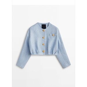 Massimo Dutti Studio Cropped Light Blue Tweed Jacket with Gold Buttons Size L
